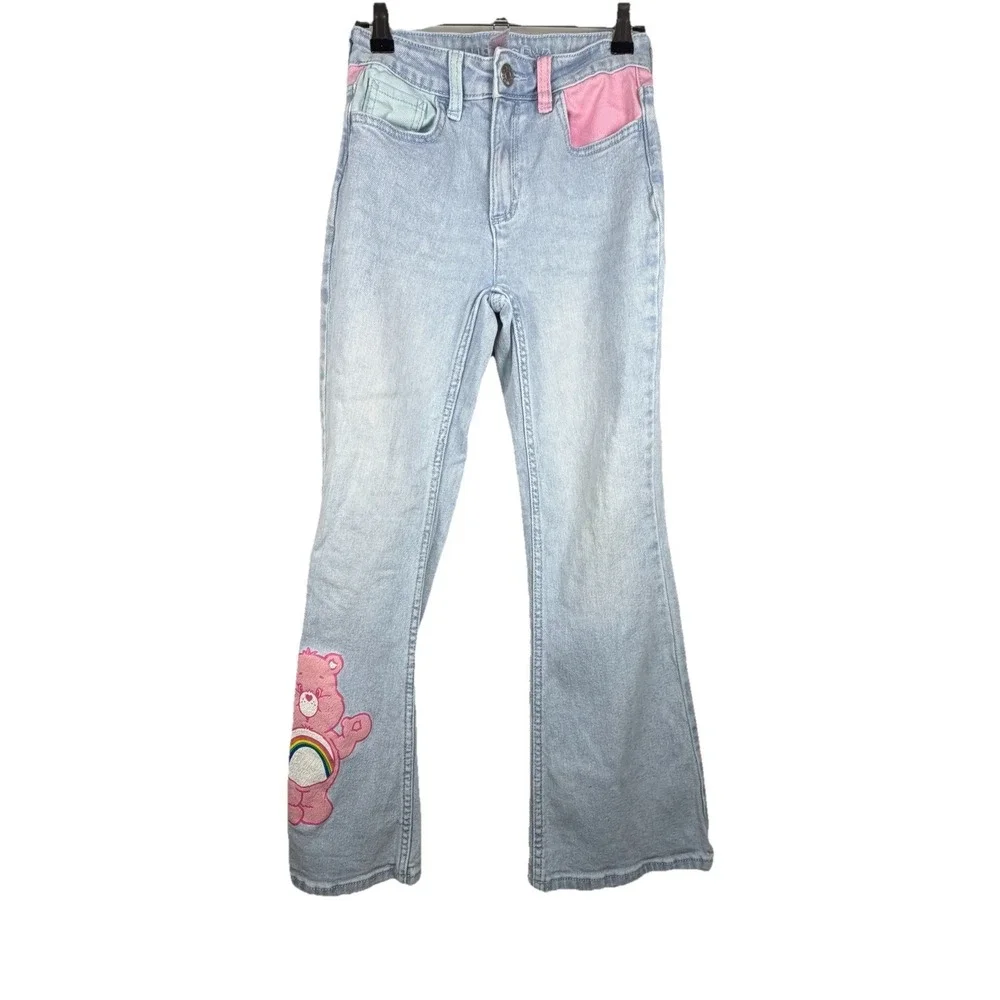 Justice Care Bears Jeans 12Y Flare Leg Colorblock Pastel‎ Y2K Light Wash